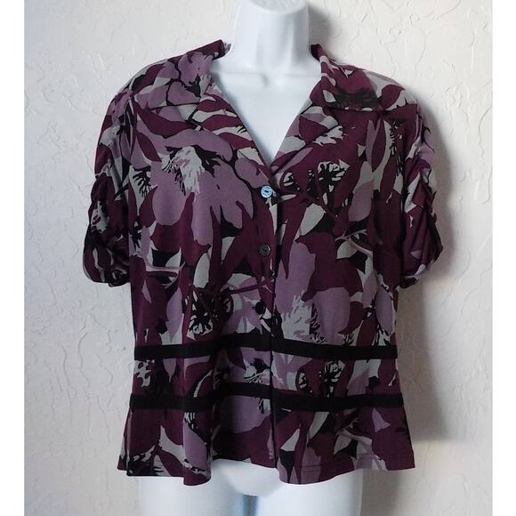 VTG R&M Richards Purple Floral Blouse Size 14 Blazer Button Up Short Sleeve Keyh - Picture 1 of 11